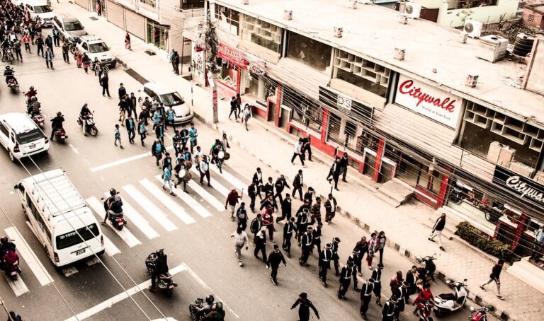 aerial view of parade in street