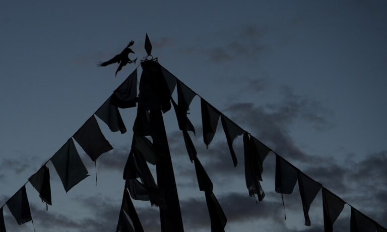 black and white flags under cloudy sky during daytime
