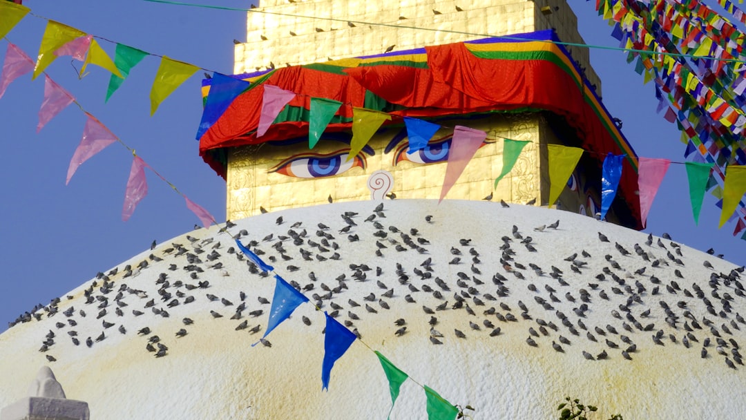 a building with a lot of colorful flags on top of it