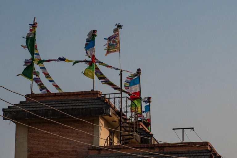 a group of flags on a roof