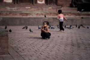 Two children are playing with pigeons on the street